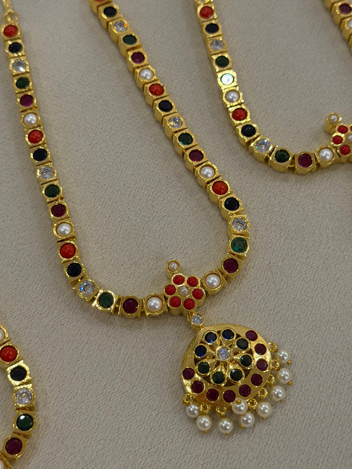 An Heirloom Inspired Navaratna Addigai Set with Drop Earrings