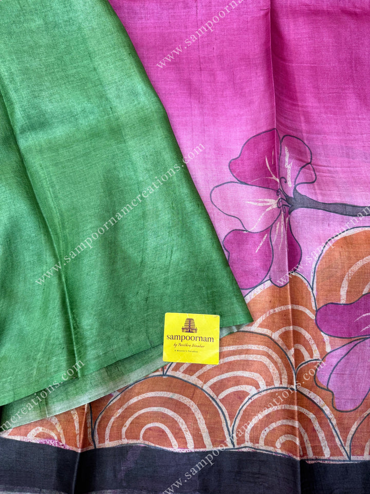 Pink with Green Floral Handpainted Designs all over the body and Pallu , Pure Tussar Silk Saree