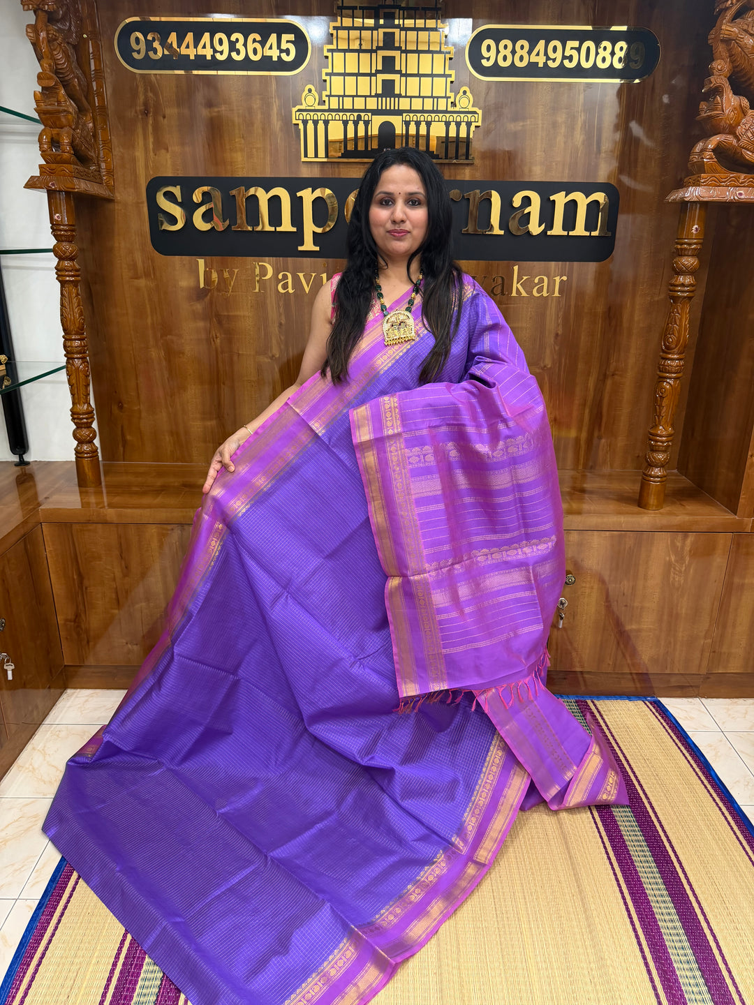 Lilac with Lavender  , Rich  Zari Kattam in the body , Rettapet  borders and Rich Pallu Pure Silk Cotton Saree