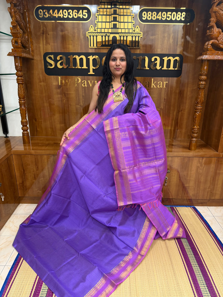 Lilac with Lavender  , Rich  Zari Kattam in the body , Rettapet  borders and Rich Pallu Pure Silk Cotton Saree