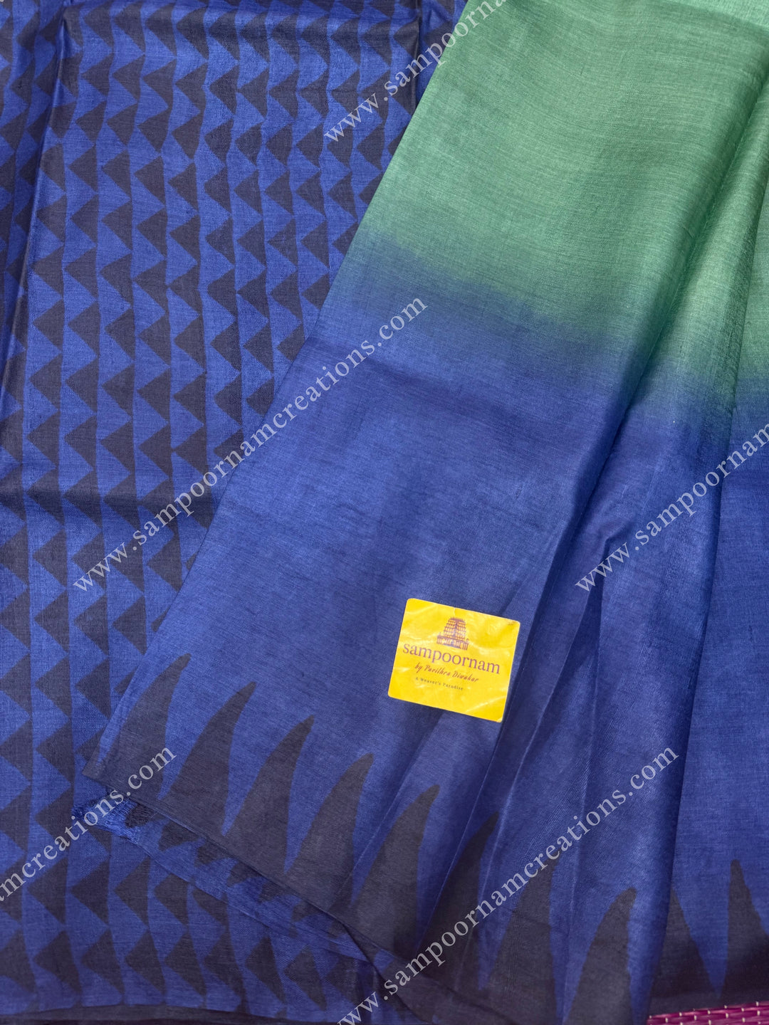 Handpainted shades of Blue and Green with Handblock Prints in the border and Pallu , Pure Tussar Silk Saree