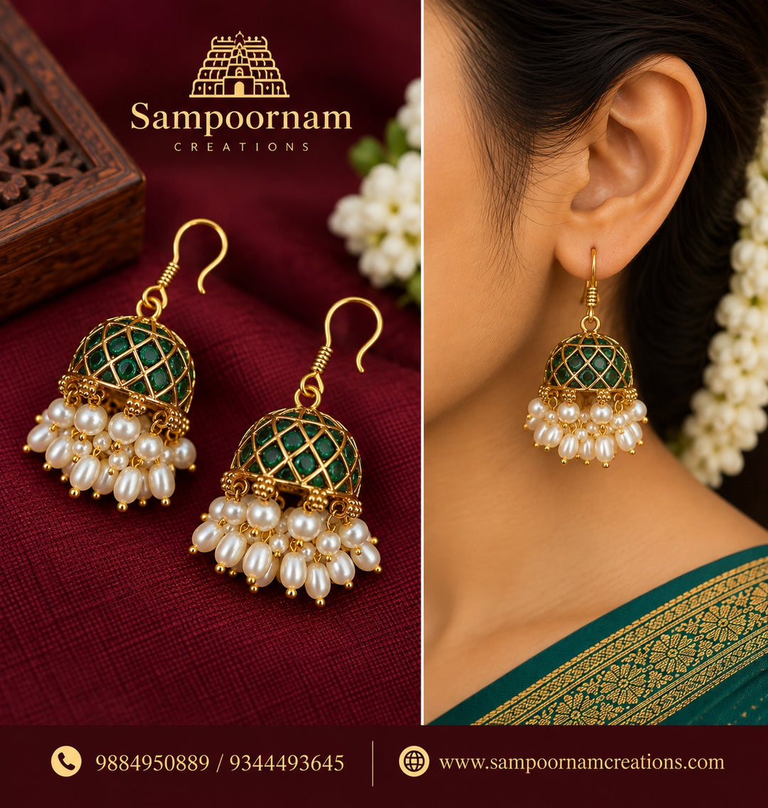 A Classic Green Stone Jhumka featuring an Intricate Gold - Toned Lattice design , Beautifully accented with Casading freshwater - style Pearl Drops