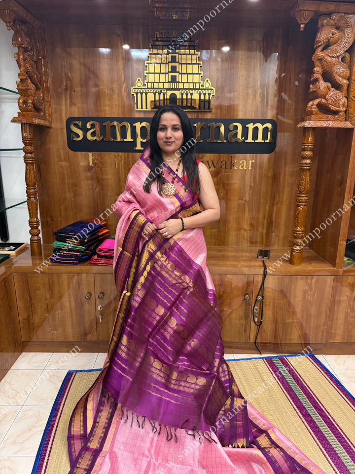 Onion Pink with Purple , body checks, traditional borders and rich pallu ,Ten Yards Korvai Silk Cotton Saree