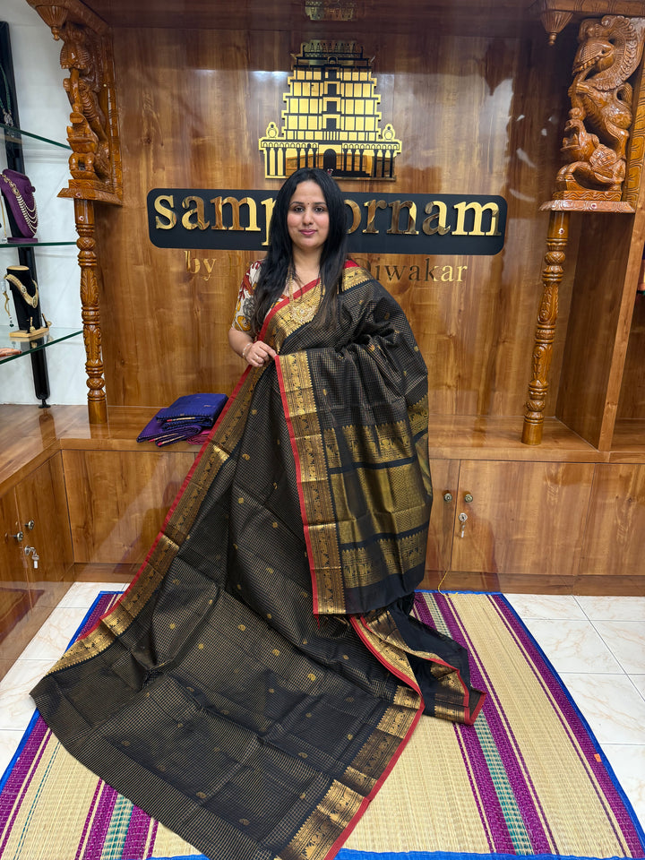 Black , Zari Podi Kattam in the body , Traditional Borders and Rich Pallu Semi Silk Cotton Saree