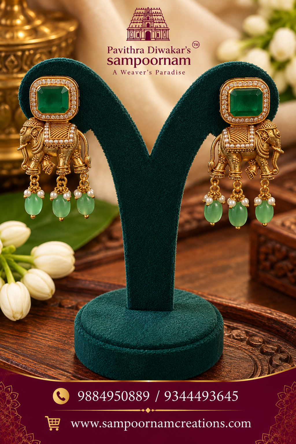 Elegant elephant motif earrings featuring rich emerald-green stones and delicate pearl drops.
