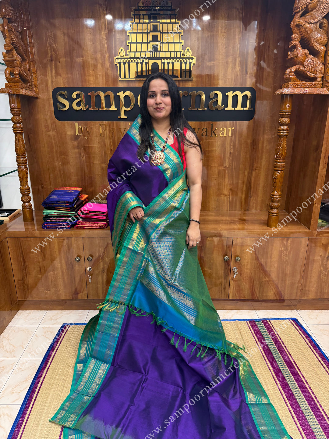 Purple with Turquoise Blue , rettapet borders and rich pallu ,Ten Yards Korvai Silk Cotton Saree