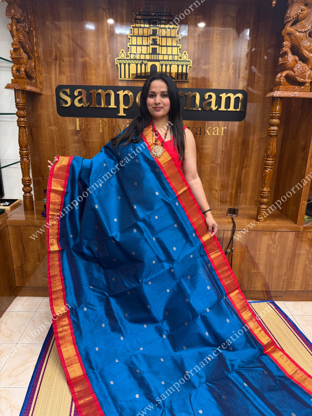 Cobalt Blue with Red , Zari butta in the body , traditional borders and rich pallu  ,Ten Yards Korvai Silk Cotton Saree