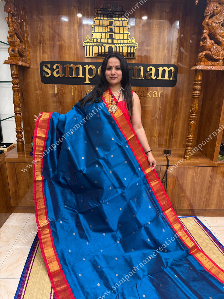 Cobalt Blue with Red , Zari butta in the body , traditional borders and rich pallu  ,Ten Yards Korvai Silk Cotton Saree