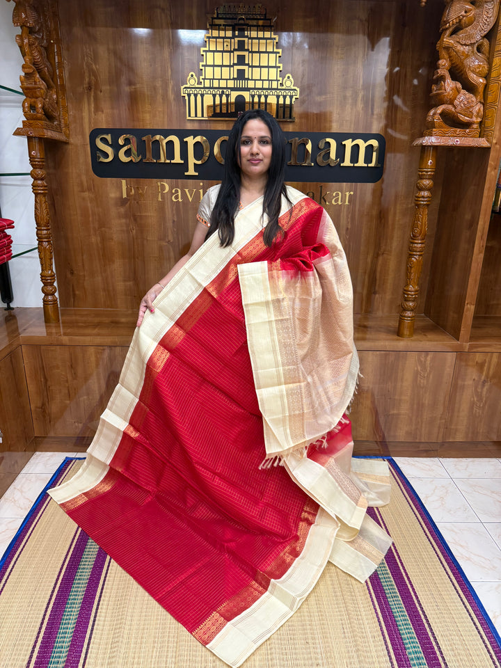 Red with Offwhite , rich zari checks in the body , rettapet plain border and grand pallu , Korvai Silk Cotton Saree