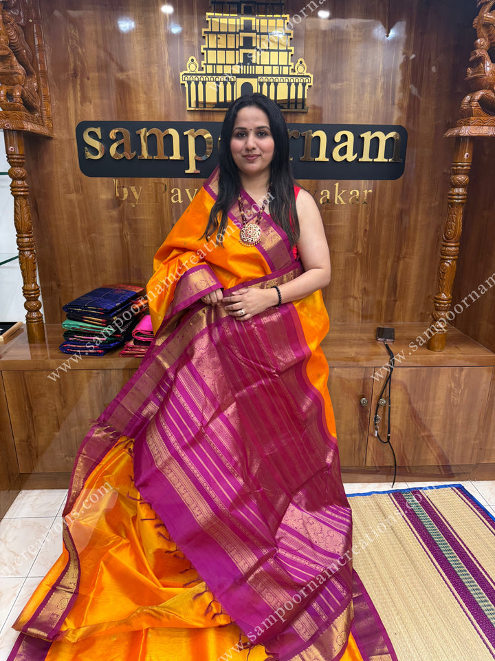 Mambazha Manjal with Magenta , body butta , traditional borders and rich pallu  ,Ten Yards Korvai Silk Cotton Saree