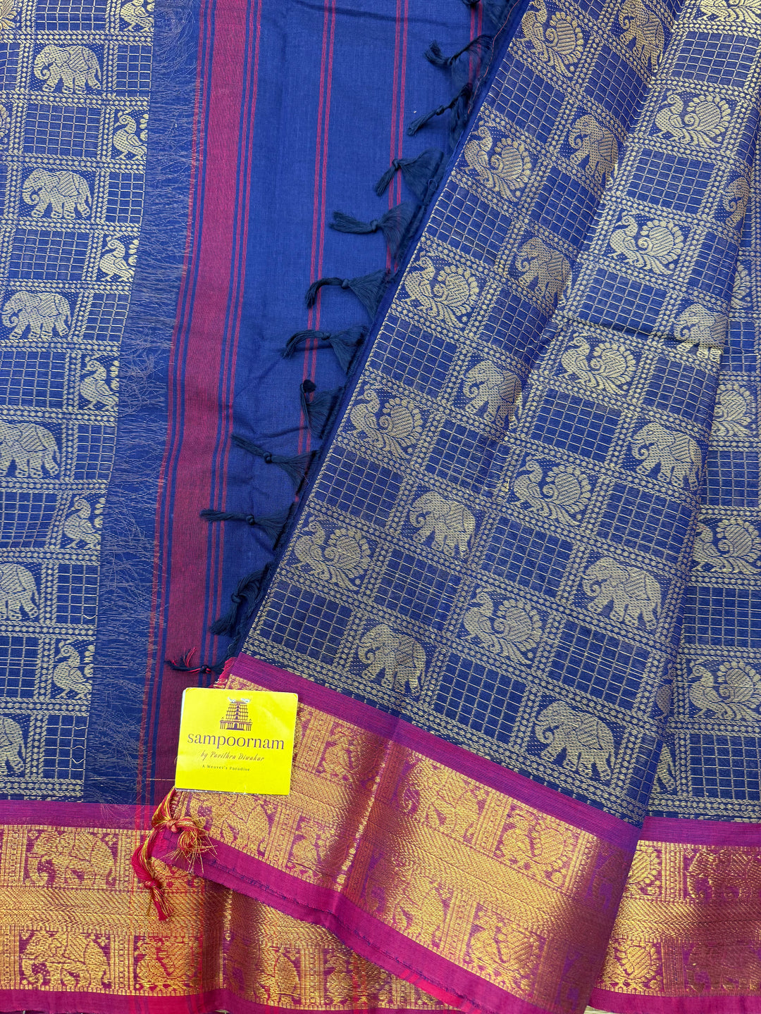 Blue with Magenta , Check with Annam and Elephant motif in the body and traditional border Chettinad Cotton Saree