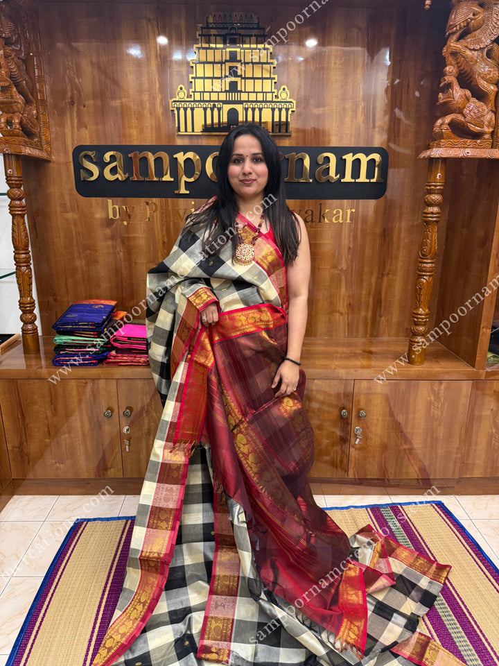 Black and White checks with Red , Zari butta in the body traditional borders and rich Pallu , Ten Yards Silk Cotton Saree