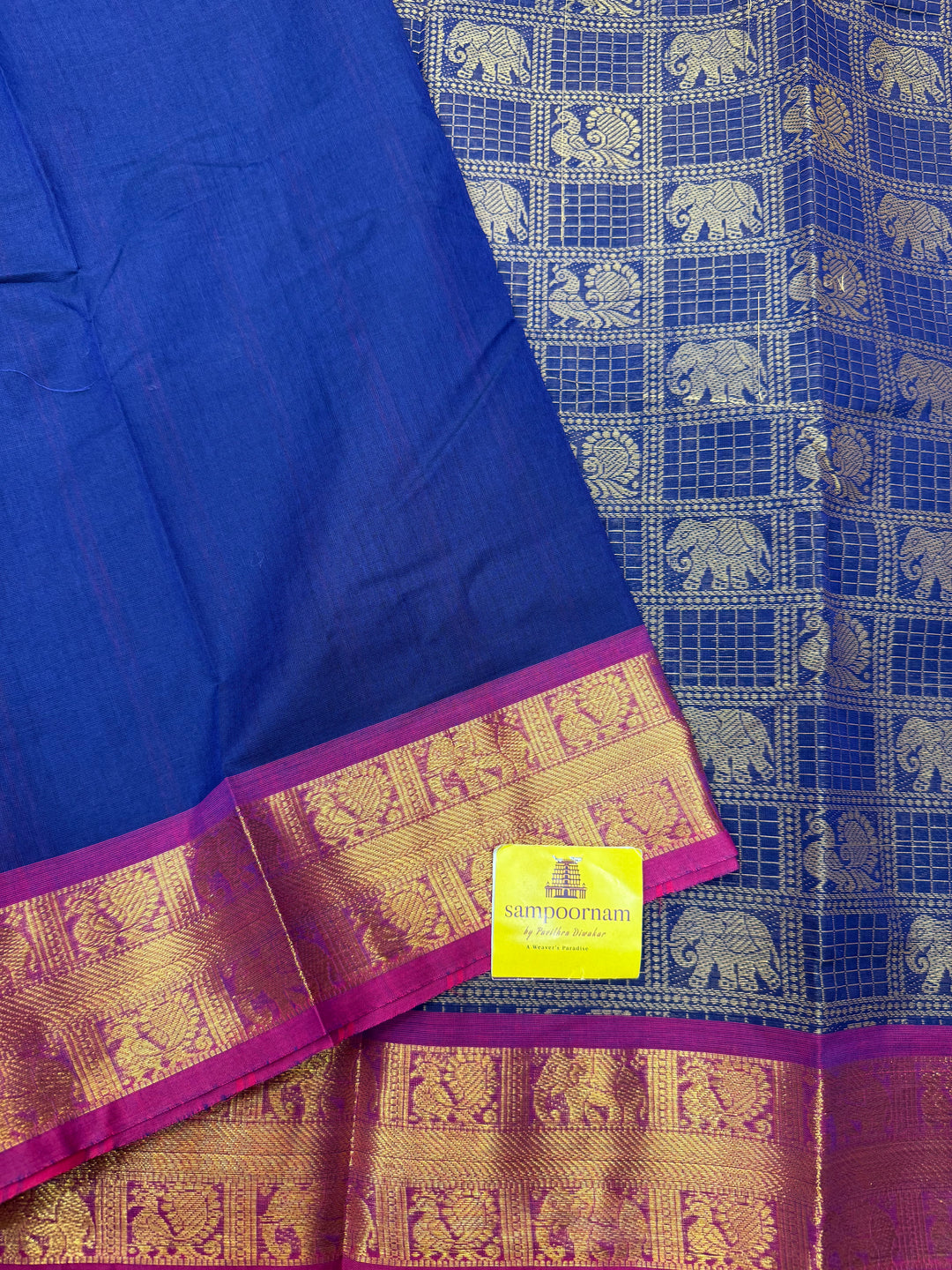 Blue with Magenta , Check with Annam and Elephant motif in the body and traditional border Chettinad Cotton Saree
