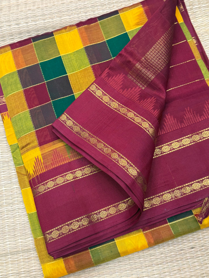 Green , Manjal , Maroon with Kumkum Red , Pallum  Pazham Checks , Temple design  rettapet borders and rich Pallu Silk Cotton Sarees