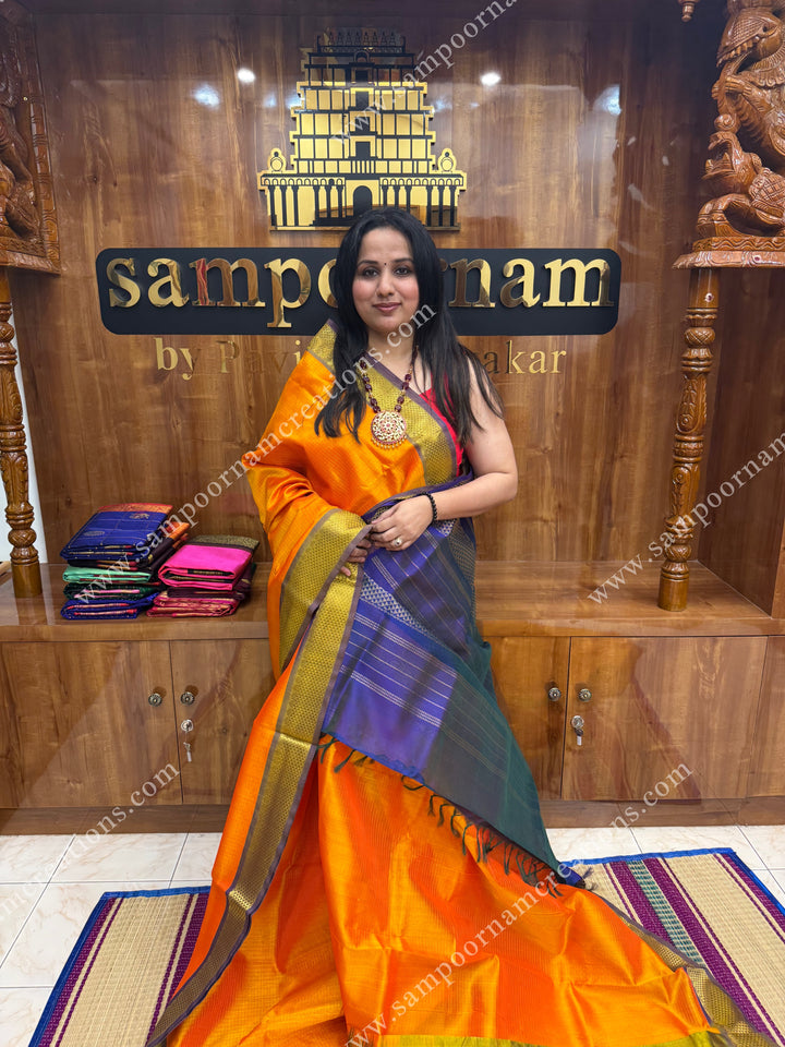 Mambazha Manjal with Blue  , Rich Zari Podi Kattam in the body , traditional borders and grand Pallu , Ten Yards Silk Cotton Saree