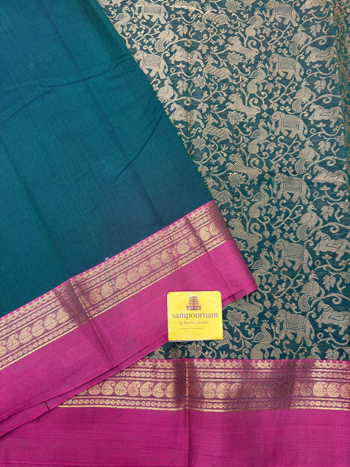 Green with Dusty Pink , Rich Vanasingaram thread motif in the body , Traditional borders and Plain Pallu Chettinad Cottton Saree