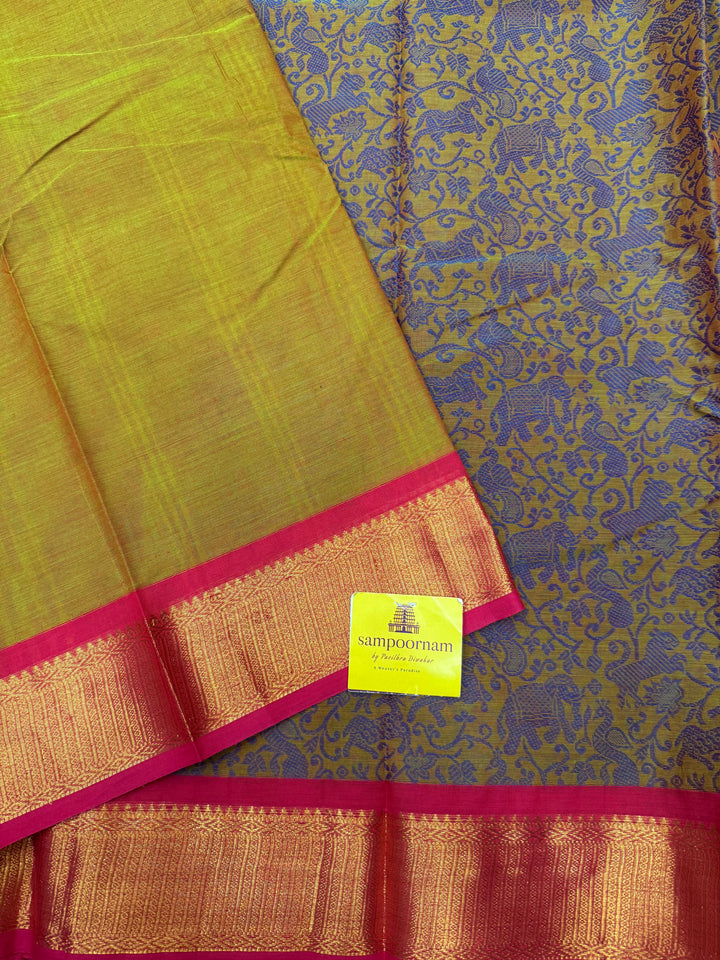 Manthulir Green with Pink ,  Rich Blue  Vanasingaram thread motif in the body , Traditional borders and Plain Pallu Chettinad Cottton Saree