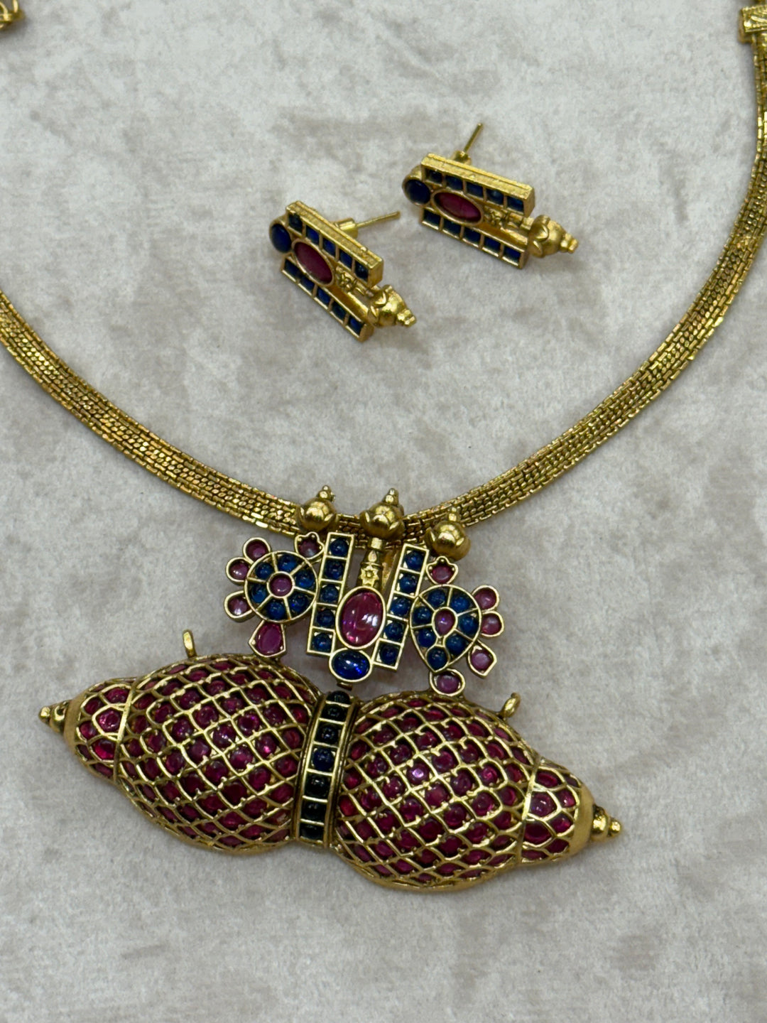 Ratna Kumbha Heritage Necklace - Red and Blue Kemp Stones