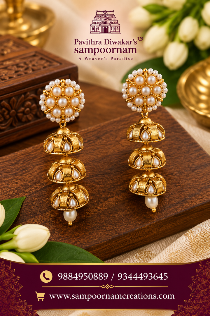Elegant pearl-studded gold jhumkas featuring intricate detailing and graceful multi-tiered drops.