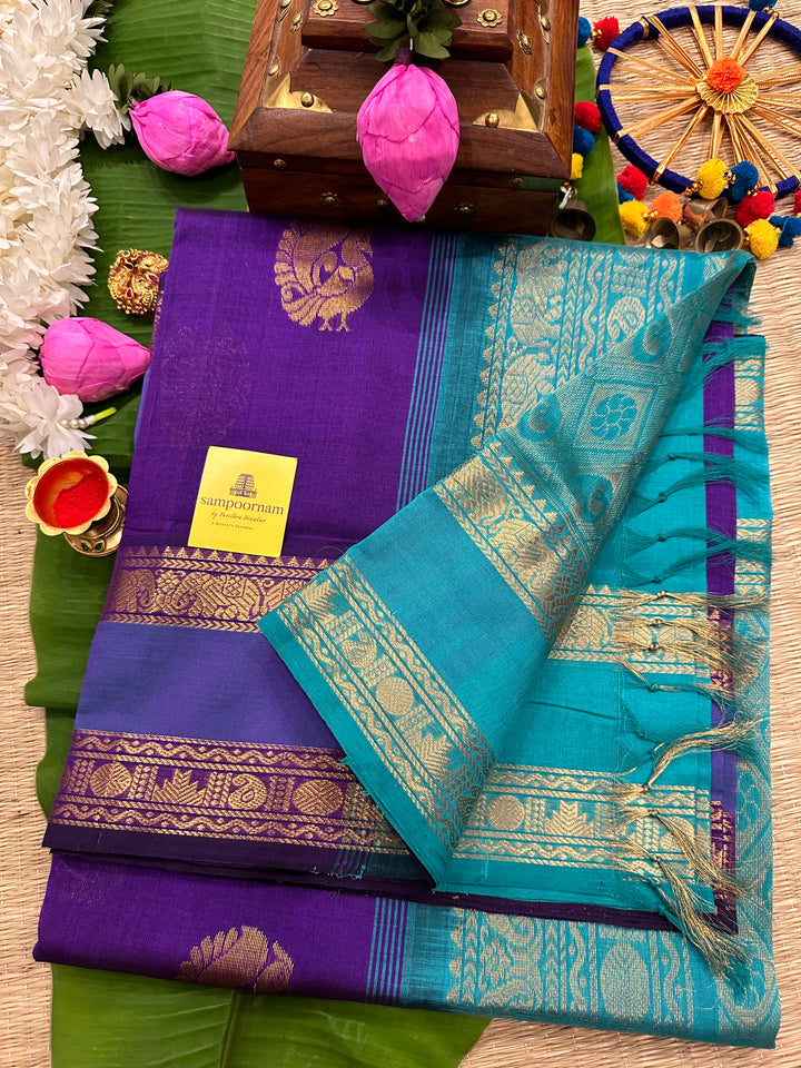 Purple with Light Blue Rettapet Rich Butta Rich Pallu Silk Cotton Saree