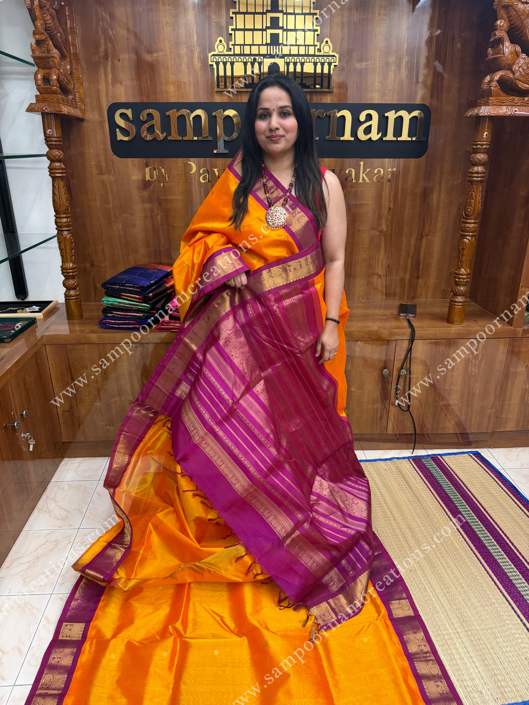 Mambazha Manjal with Magenta , body butta , traditional borders and rich pallu  ,Ten Yards Korvai Silk Cotton Saree