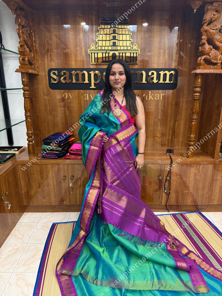 Ramar Blue with Purple  ,traditional borders and rich pallu ,Ten Yards Korvai Silk Cotton Saree