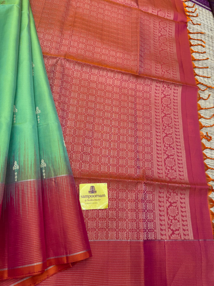Double Shaded Green with Orangish Pink , Rich Zari Butta in the body and grand Pallu , Pure Soft Silk Saree