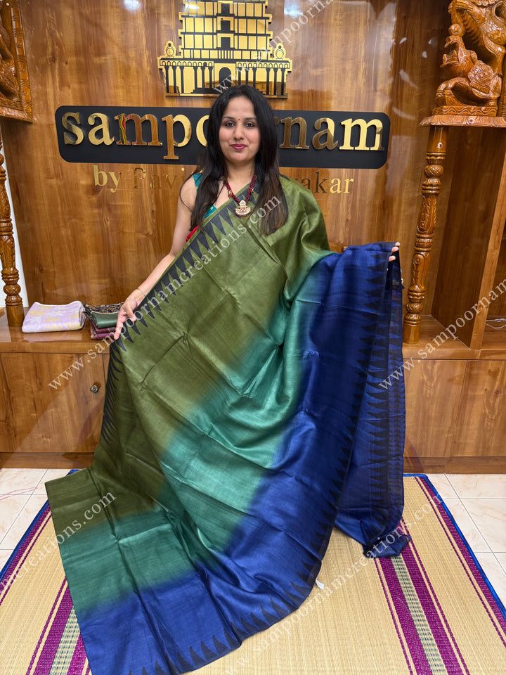 Handpainted shades of Blue and Green with Handblock Prints in the border and Pallu , Pure Tussar Silk Saree