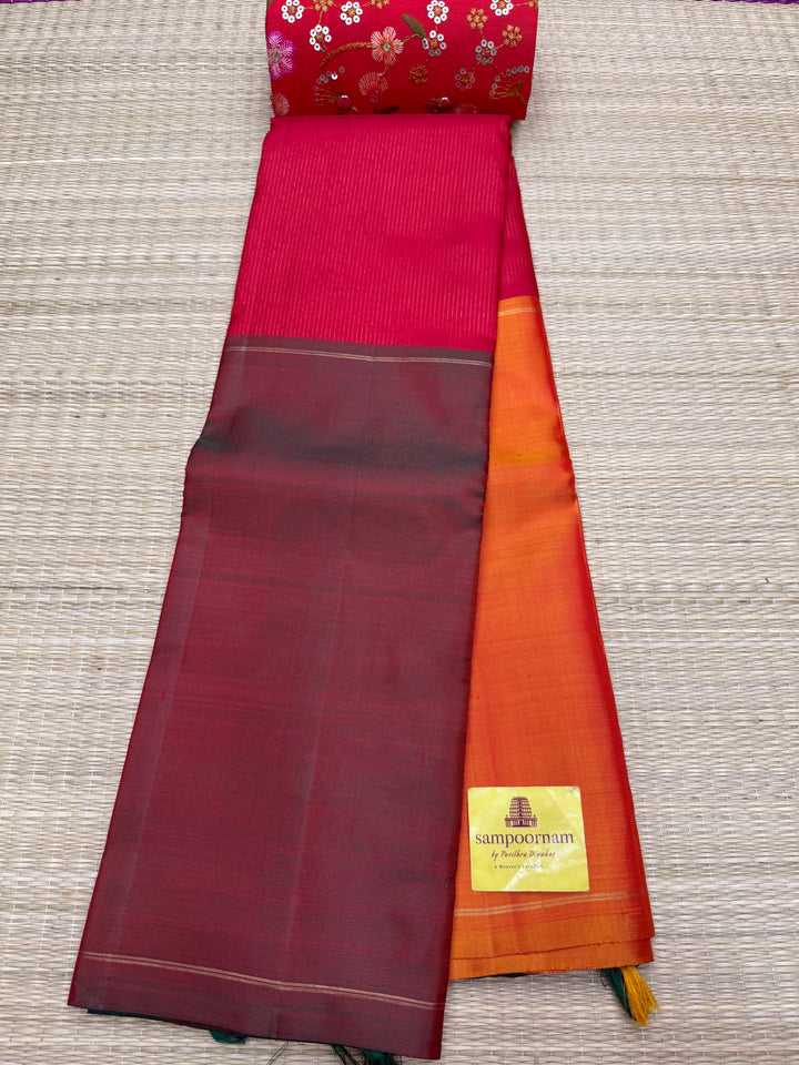 A classic mubagam in vibrant Manjal,Manthulir,Red and Green. Vairaoosi Zari Line and rich traditional pallu, pure silk pure zari Kanjivaram Silk Saree