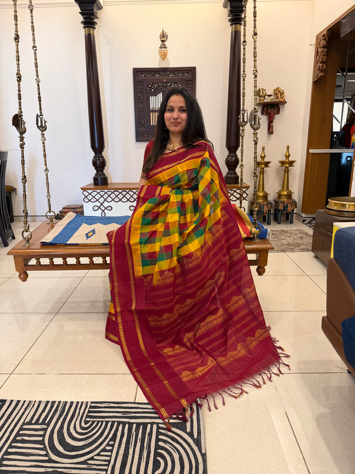 Green , Manjal , Maroon with Kumkum Red , Pallum  Pazham Checks , Temple design  rettapet borders and rich Pallu Silk Cotton Sarees