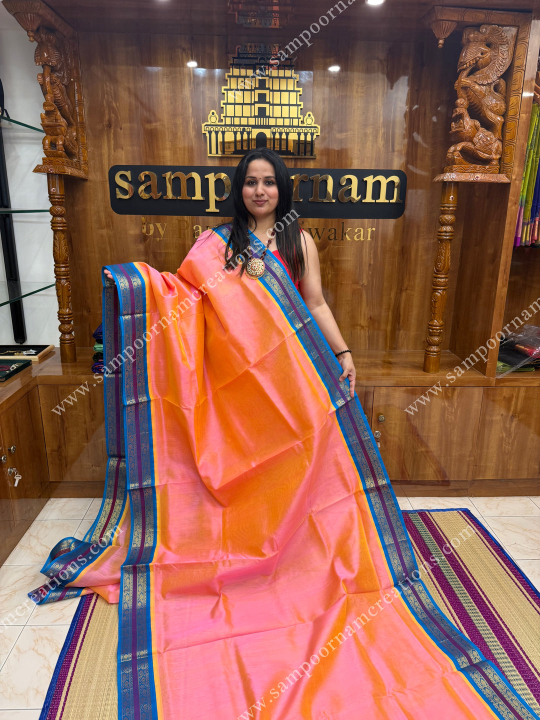 Peachish Pink with Copper Sulphate Blue , rettapet borders and rich pallu ,Ten Yards Korvai Silk Cotton Saree