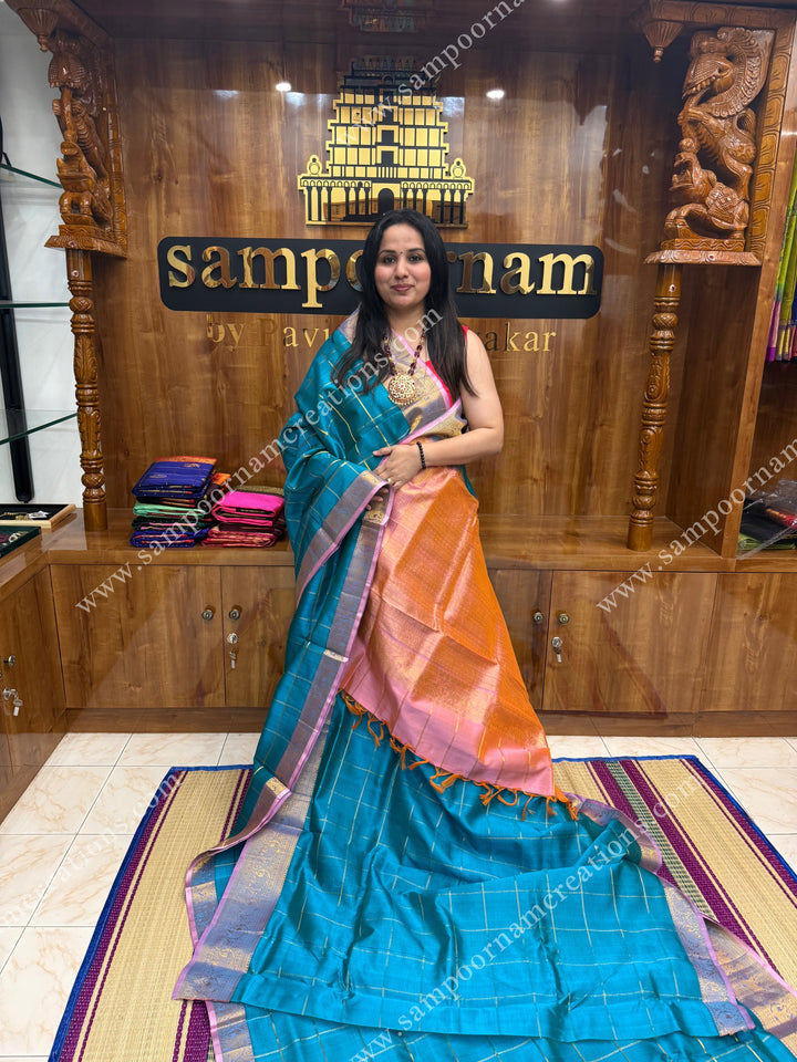 Turquoise Blue with Pink , Zari checks in the body , traditional borders and grand Pallu , Ten Yards Silk Cotton Saree