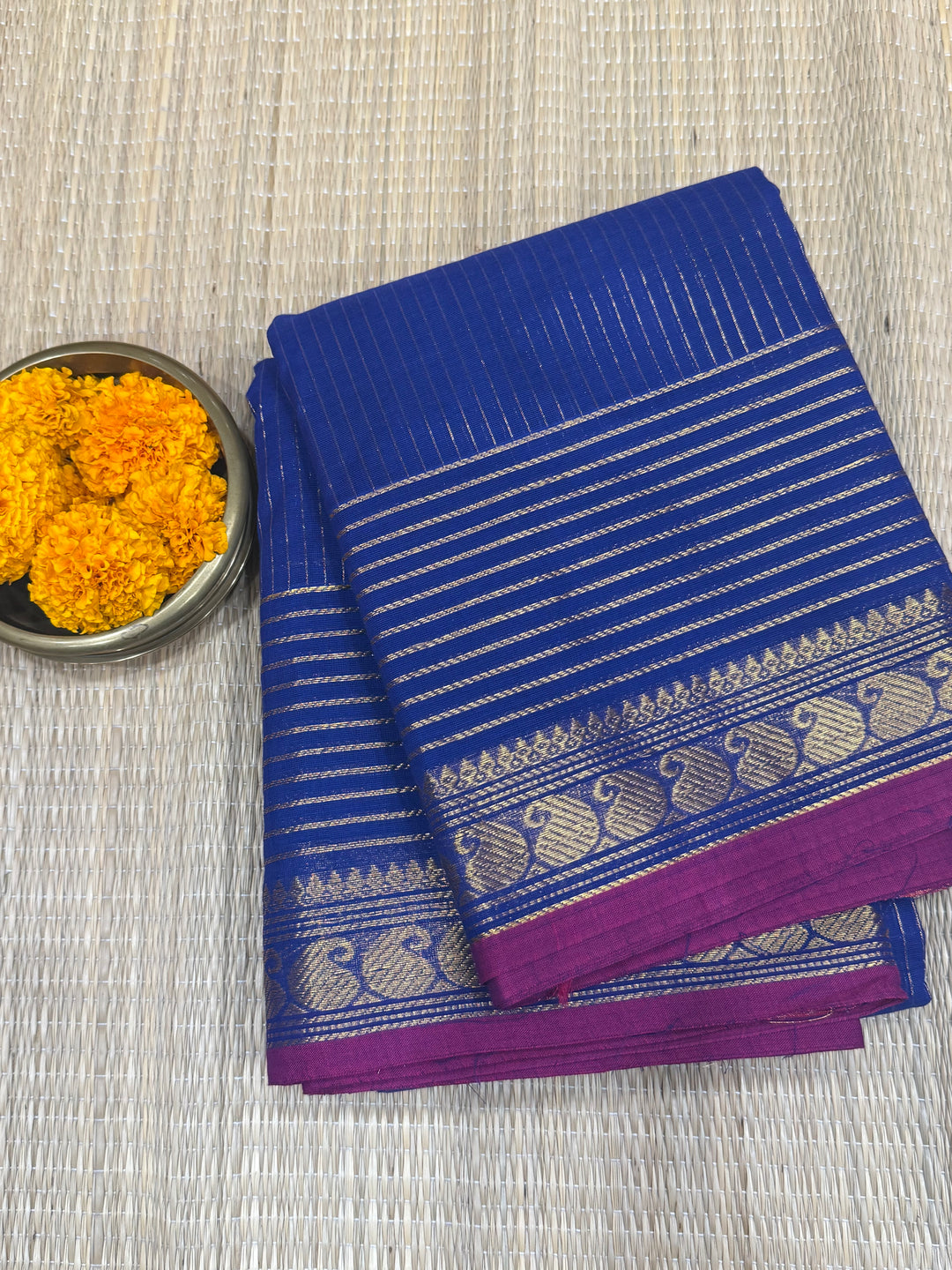 Dark Blue with Magenta Selvedge, vertical and horizontal zari lines in the body , Chettinad cotton saree