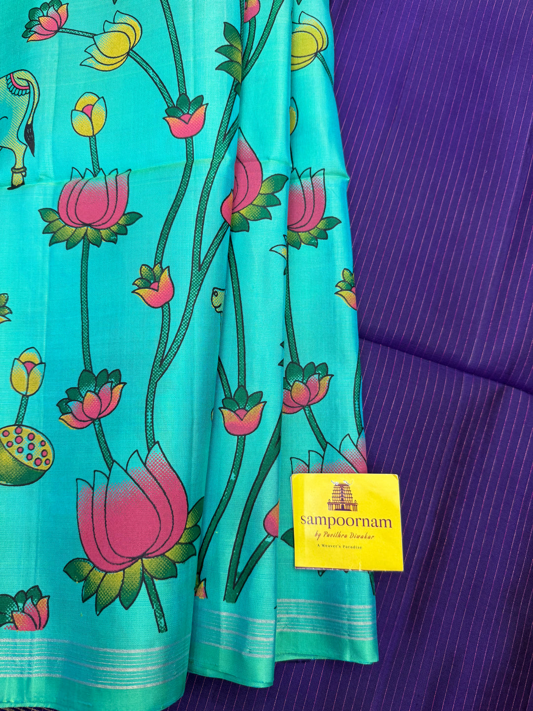 Ramar Blue with Blue , Pichwai Pure Printed Soft Silk Saree