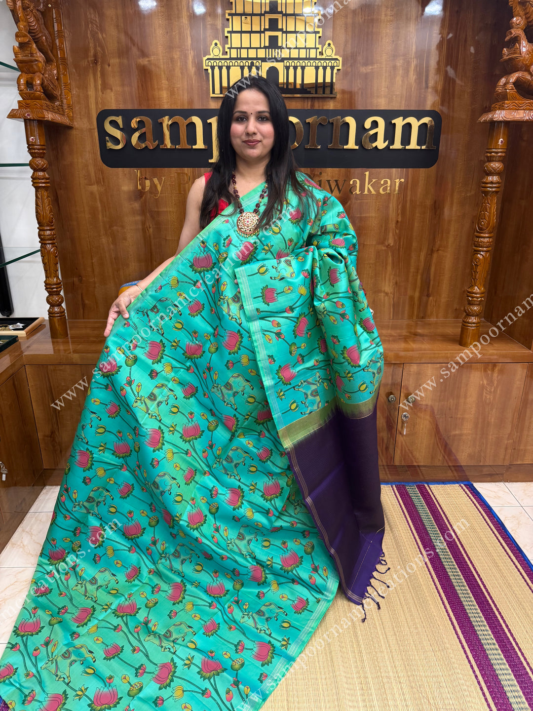 Ramar Blue with Blue , Pichwai Pure Printed Soft Silk Saree