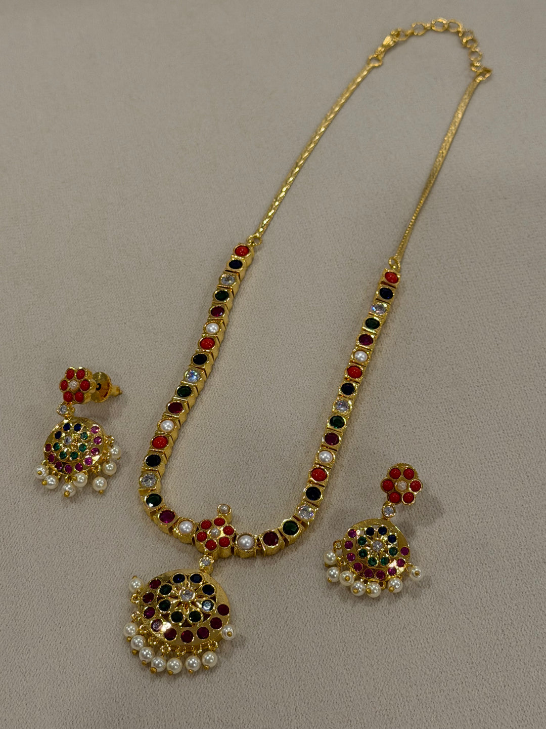 An Heirloom Inspired Navaratna Addigai Set with Drop Earrings