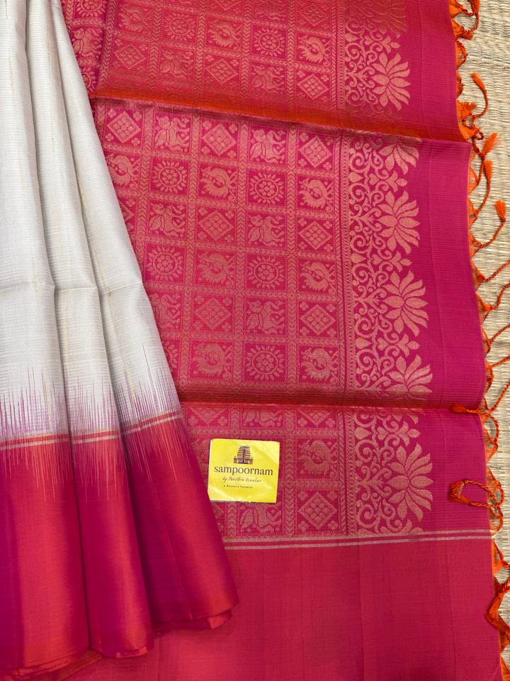 Light Beige with Orangish Pink, Rain Drop Zari Butta in the Body and Rich Pallu Pure Soft Silk Saree
