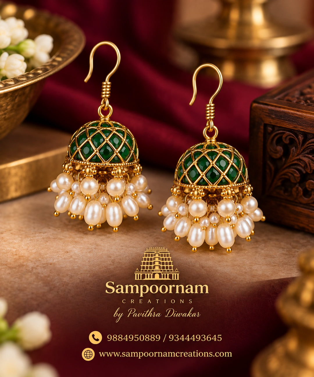 A Classic Green Stone Jhumka featuring an Intricate Gold - Toned Lattice design , Beautifully accented with Casading freshwater - style Pearl Drops