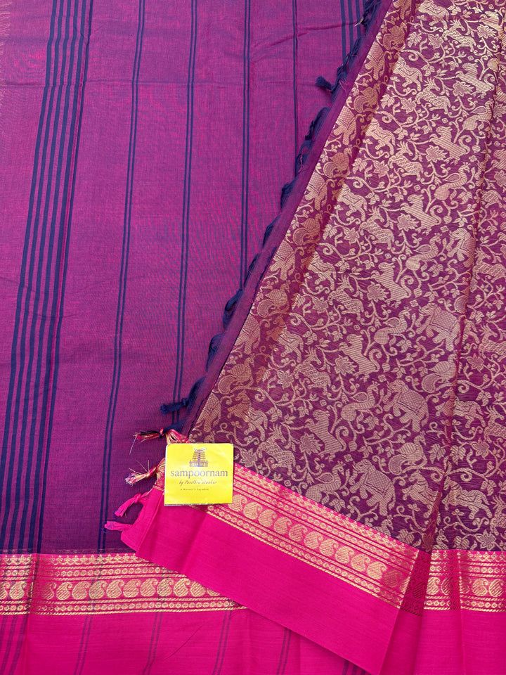 Magenta with Pink , Rich Vanasingaram thread motif in the body , Traditional borders and Plain Pallu Chettinad Cottton Saree