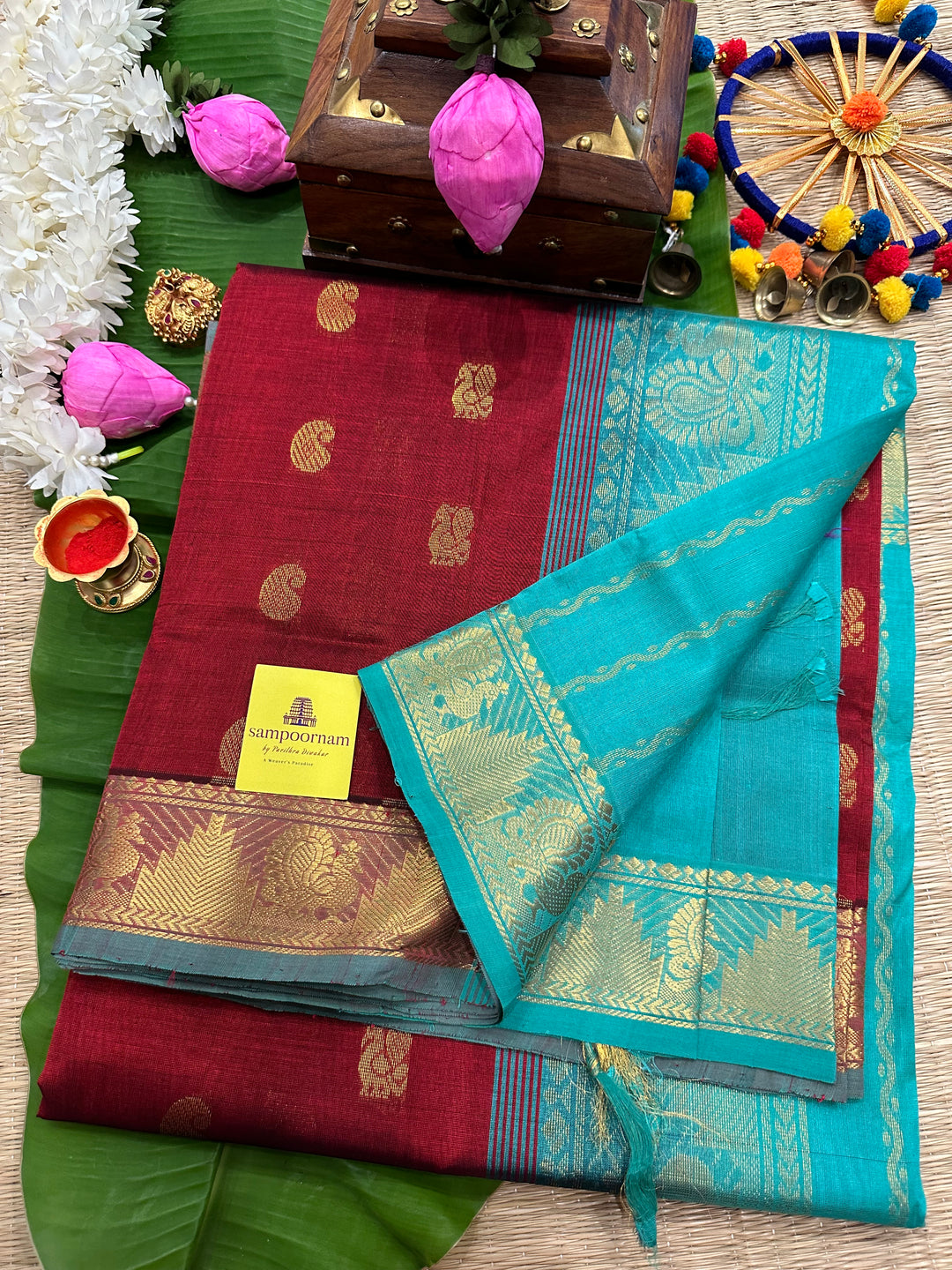 Maroon With Blue Rich Butta Rich Pallu Silk Cotton Saree