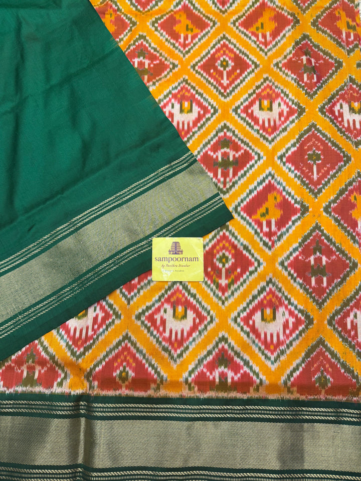 Mambazha Manjal With Green Pochampally Designs in the Body, with Traditional Borders and Rich pallu, Pochampally silk Saree
