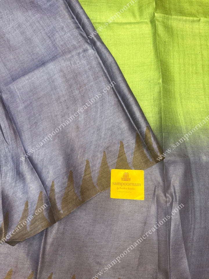 Handpainted shades of Blue and Green with Handblock Prints in the border and Pallu , Pure Tussar Silk Saree
