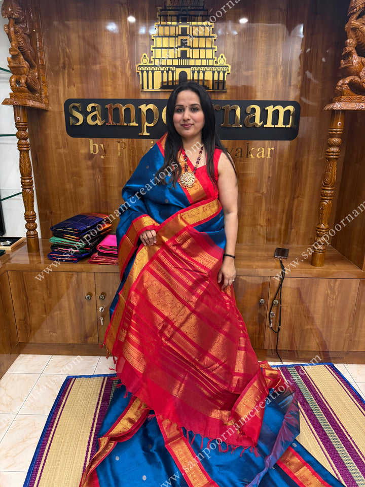 Cobalt Blue with Red , Zari butta in the body , traditional borders and rich pallu  ,Ten Yards Korvai Silk Cotton Saree