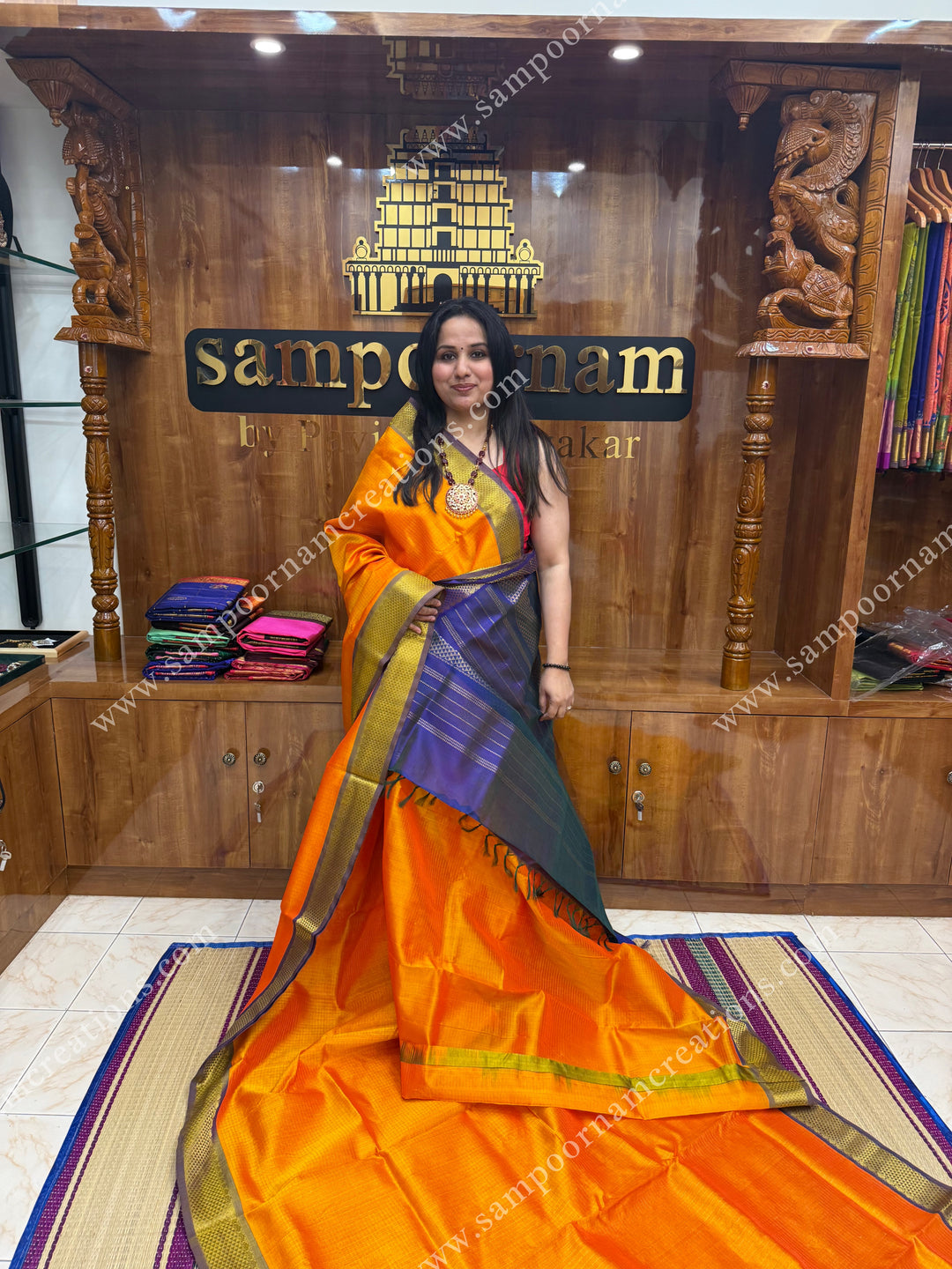 Mambazha Manjal with Blue  , Rich Zari Podi Kattam in the body , traditional borders and grand Pallu , Ten Yards Silk Cotton Saree