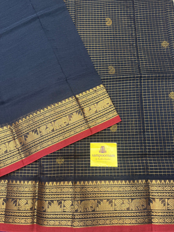 Black , Zari Podi Kattam in the body , Traditional Borders and Rich Pallu Semi Silk Cotton Saree