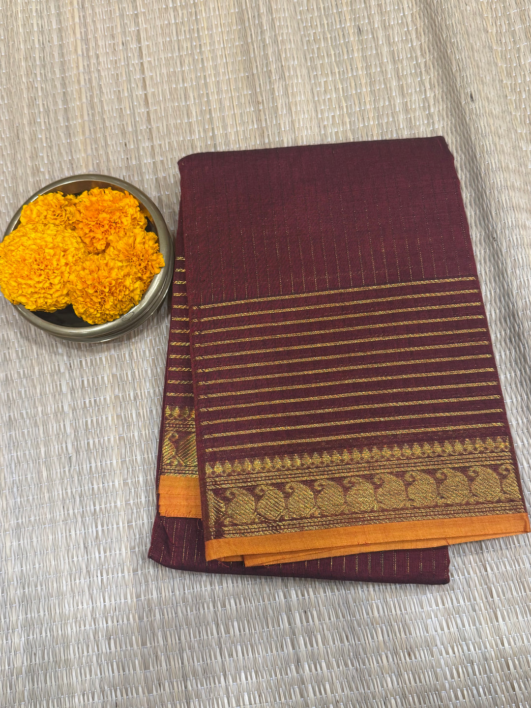 Dark Red with Mustard Selvedge  , Rich Vertical and Horizontal  Zari Lines in the body , Mango Zari border with rich Pallu Chettinaad Cotton Saree