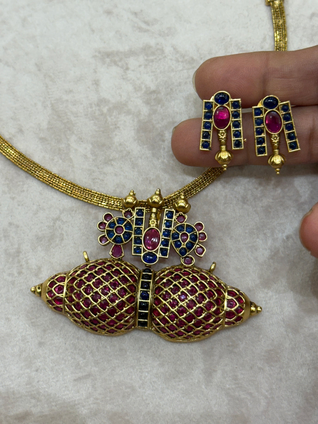 Ratna Kumbha Heritage Necklace - Red and Blue Kemp Stones