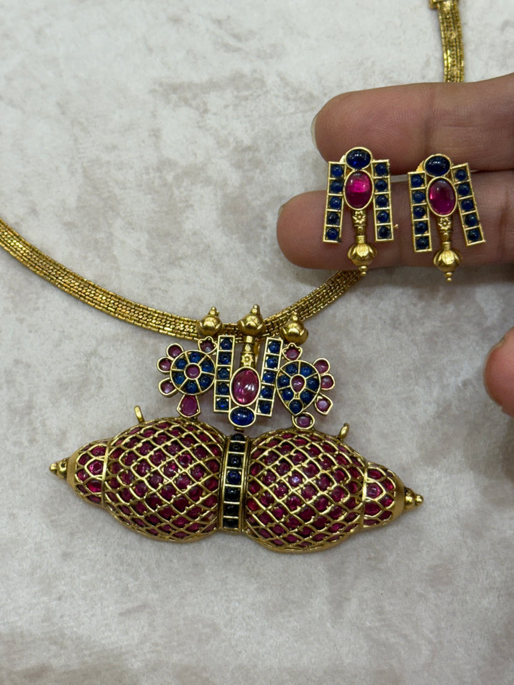 Ratna Kumbha Heritage Necklace - Red and Blue Kemp Stones