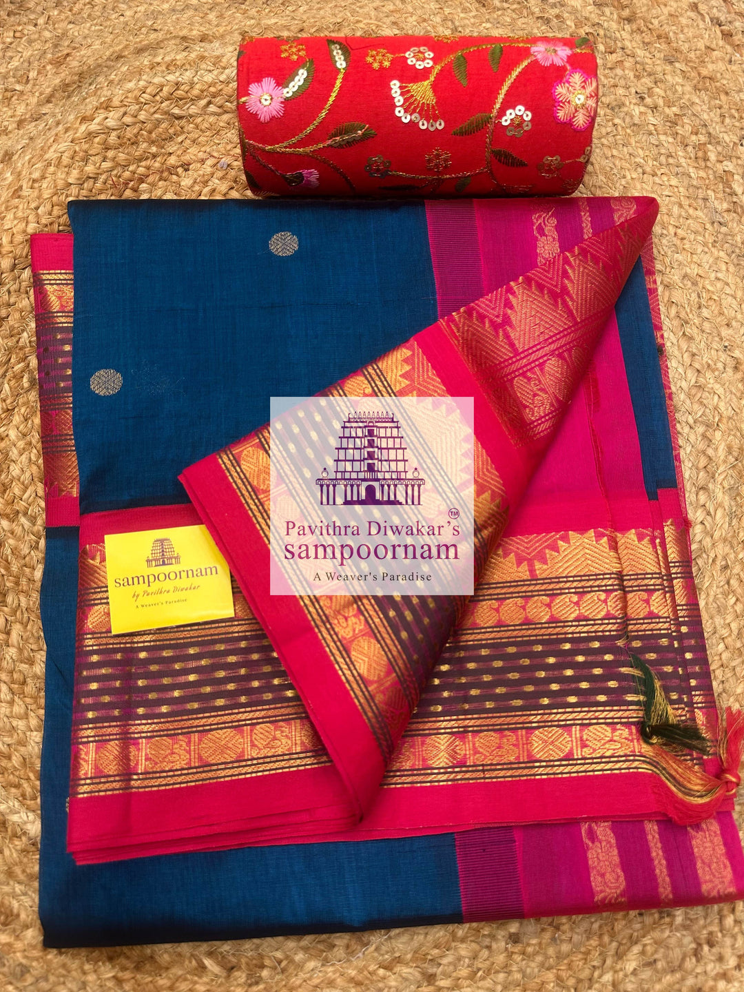 Mayilkazhuthu Blue with Pink, Lakshadeepam rettapet border, Zari Body Butta and Grand Pallu  Korvai Silk Cotton Saree