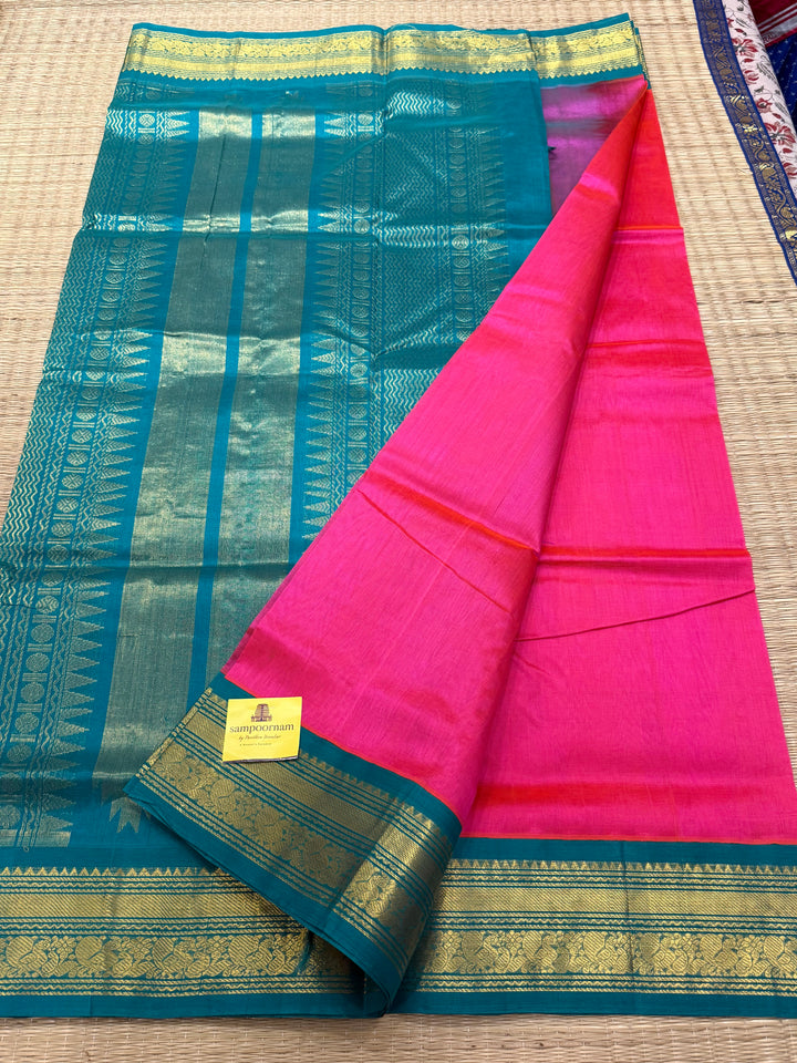 Rani Pink with Turquoise Blue , Rich Kanchi Borders, Traditional Pallu Korvai Silk Cotton Saree